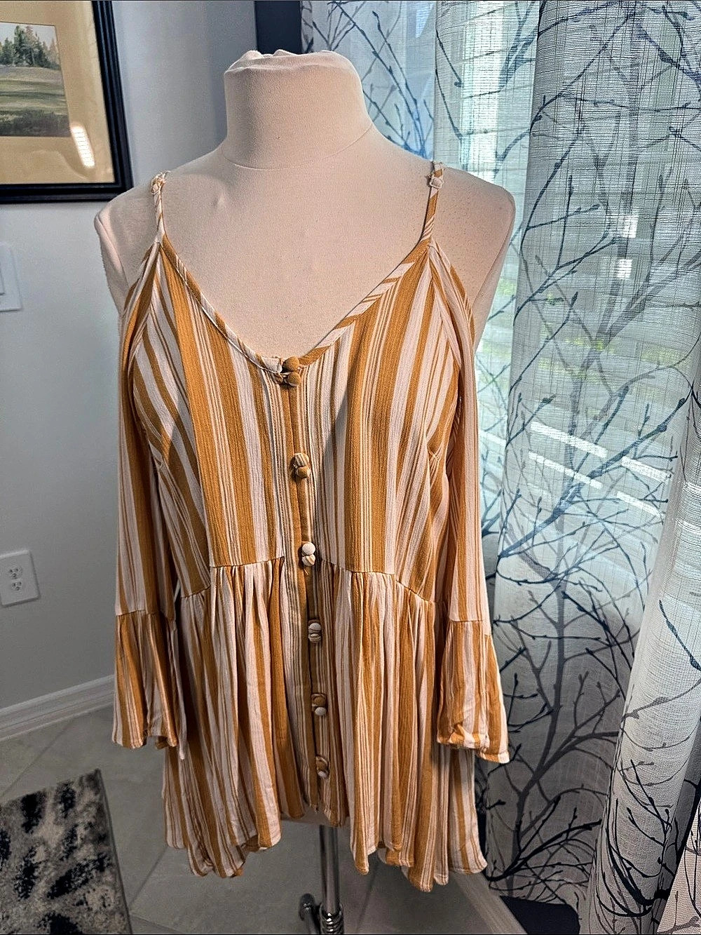 Gimmicks - Striped Button Front Peplum Top in Orange & White Large NWT